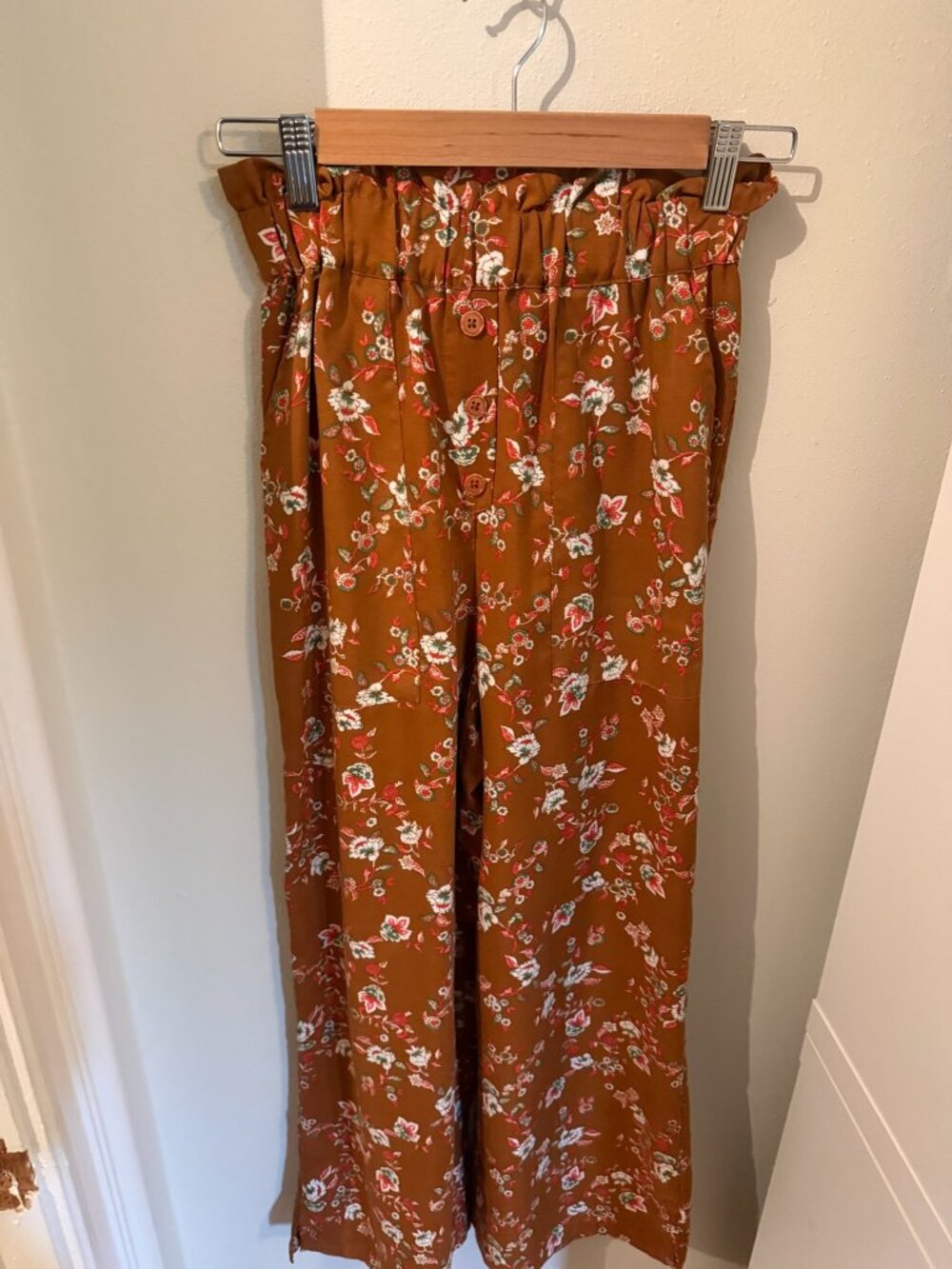 B.O.G. Collective XS Rust Brown Floral Wide Leg Paperbag Pants